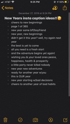 the new year's insta caption idea is displayed on an iphone screen