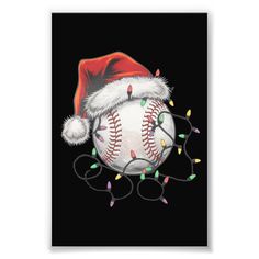 a baseball with christmas lights on it and a santa's hat over the top