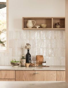 the kitchen counter is clean and ready to be used for cooking or baking, as well as other items