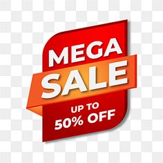 a red mega sale sign with the words up to 50 % off, on a transparent background