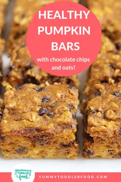 healthy pumpkin bars with chocolate chips and oats on a white plate text reads healthy pumpkin bars with chocolate chips and oats