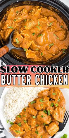 slow cooker butter chicken with rice and garnished with cilantro on the side