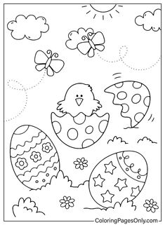 an easter coloring page with eggs and butterflies