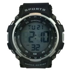 This men's adult sized digital watch is perfect for your outdoor activities with water resistancy up to 30 meters. It features a stop watch, a daily alarm, and a colored back light for easy reading in the dark. It also boasts a rugged design with a silver accent bezel. The overall length of the watch 10.04 inches x 2.01 inches wide x .63 inches high. Color: Black.  Gender: male. Outdoor Stopwatch Watch Accessories, Black Chronograph Watch Accessories For Outdoor Activities, Functional Black Sports Watch, Functional Black Watches For Outdoor Activities, Casual Outdoor Watch With Stopwatch, Sporty Outdoor Watches With 10atm Water Resistance, Outdoor Watches With Stopwatch, Casual Outdoor Digital Watch With Stopwatch, Sporty Outdoor Watch With 10atm Water Resistance