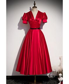 Buy french romantic burgundy tea length retro party dress with short sleeves at cheap price online. Free stable shipping and pro custom service since 2009. French Cottagecore Red Satin Dress, Little Red Dress Classy Tea Dress, Cheap Retro Red Dresses, Vintage Christmas Dresses Fancy, 1950s Cocktail Dress With Sleeves, Luxury Feminine Knee-length Tea Dress, Puff Sleeve Prom Dress, Retro Party Dress, Prom Dresses Burgundy