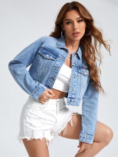 Denim Jacket Women, Denim Jackets, Amazing Products, Overall Shorts, White Shorts, Denim Jacket, Overalls, Button Up, Jackets & Coats