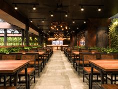 an empty restaurant with wooden tables and plants on the walls, along with hanging lights