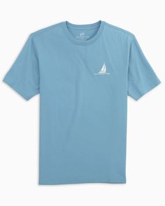 Smooth sailing into summer is the only way we know how. Southern Tide Men's American Sloop Sail T-Shirt in Heritage Blue is crafted in the classic Southern Tide fit you love, the back features an American flag sloop sail design that's ready for all your days on the water. Classic Fit 60% Cotton 40% Polyester Graphics located on back and left chest Open sleeves Ribbed collar band Machine wash cold, tumble dry low, remove promptly Hang dry recommended to prevent shrinking Blue Nautical Style T-shirt For Summer, Nautical Cotton T-shirt For Summer, Casual Cotton T-shirt For Sailing, Nautical Blue T-shirt For Summer, Blue Nautical T-shirt For Summer, Blue Nautical Crew Neck T-shirt, Sail Color Cotton Short Sleeve Tops, Casual Short Sleeve Sail Tops, Nautical Style Sail Color Short Sleeve Tops