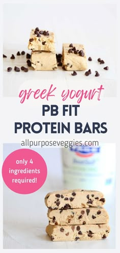 the ingredients for this protein bar are shown in three different pictures and text that reads, greek yogurt pb fit protein bars only 4 ingredients required