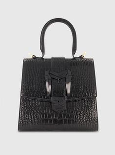 Buckled Medium Croco Black Leather Handbag with Detachable Strap Summer Bridesmaid Dresses, Black Leather Handbag, Medium Handbags, Western Chic, Platform Slippers, Mac Duggal, Black Leather Handbags, Crocodile Leather, Leather Buckle