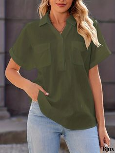 Bjux - Womens Flap Pockets Polo Neck Blouse: Modern and Chic Short Sleeve Top for Effortless Style in the Spring & Summer Season Khaki Collared Top For Summer, Green Non-stretch Short Sleeve Tops, Summer Khaki Collared Blouse, Khaki V-neck Top For Summer, Non-stretch Collared Summer Tops, Non-stretch Collared Top For Summer, Green Non-stretch Short Sleeve Blouse, Summer Non-stretch Collared Tops, Summer Khaki V-neck Blouse