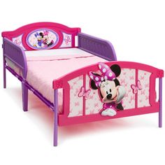 a pink and purple minnie mouse toddler bed