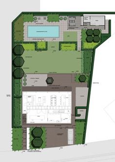 the site plan for an apartment complex with swimming pool and outdoor seating areas, as well as landscaping