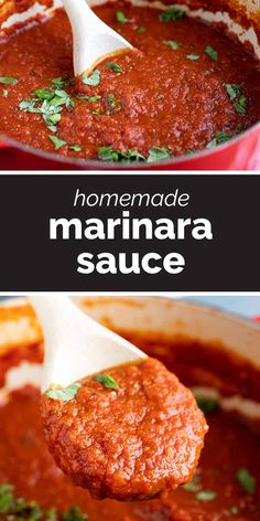 homemade marinara sauce in a pot with a ladle