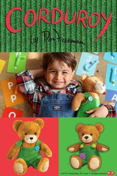 a young boy holding two teddy bears in front of him with the words corduroy written