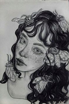 a drawing of a girl with flowers in her hair and two bees on her shoulder