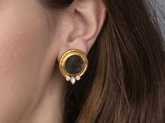 One-of-a-Kind Earrings in 24k/18k Yellow Gold, 16mm Round Set in Wide Frame from the Antiquities Collection, with Coin Gold Coin Earrings, Hollow Form, Coin Earrings, Gold Clips, Turkish Jewelry, Gold Coin, Recycled Gold, Gold Coins, Pure Gold