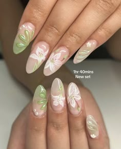 Nails With Lilies, Short Medium Almond Nails, Orchid Nail Art, Lily Flower Nails, How To Do Flowers On Nails, Nails Acrylic Square Medium, Green Floral Nails, Fairycore Nails, Finger Biting