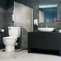 a white toilet sitting next to a sink in a bathroom