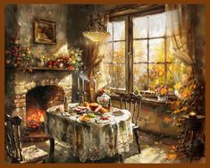 a painting of a table with food on it in front of a fire place and window