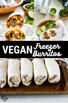 vegan freeze burritos on a baking sheet, with the title overlay