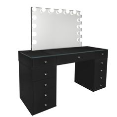 a black vanity with lighted mirror and drawers