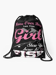 a black drawsack bag with pink lettering on the front and bottom, featuring an image of