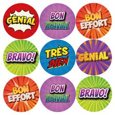 six different types of comic stickers with the words bon travi, bon travi, bon travi, bon trava