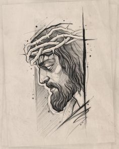 a drawing of jesus holding the cross with his hands and wearing a crown of thorns