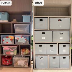 the before and after photos show how to organize storage bins in an organized closet