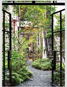 an open door leading into a lush green garden