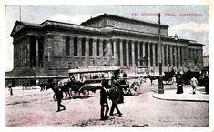 an old black and white photo of people in front of a building with horse drawn carriages