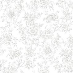 a white and gray floral wallpaper with flowers on the side, as well as leaves