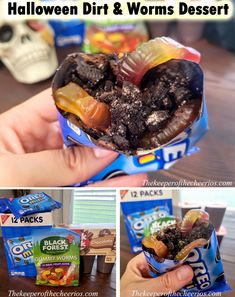 halloween dirt and worms dessert is shown in this collage with the words, how to make