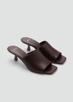 Kitten-heel leather sandal - Woman | MANGO USA Square Heels, Shoes Heels Classy, Heels Classy, Leather Sandals Women, Goat Leather, On Design, Brown Sandals, Kitten Heel, Leather Heels