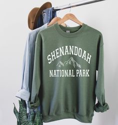 Meet your new favorite crewneck sweatshirt! Guaranteed to be the comfiest sweatshirt you own. Our designs are printed in INK and not vinyl, so your design will be long lasting, and will not peel or flake. All of our designs are original to PineyCo! * 50% cotton / 50% poly fabric blend * Pre-shrunk for extra durability * Sizes say Mens but they are Unisex | Size up for a cozy oversized look Check out our reviews to see how much people are loving our store! Shop our entire collection here: www.pin Bedroom Ideas Beach, National Park Sweatshirt, Shenandoah National Park, Oversized Look, Comfy Sweatshirt, Blue Ridge Mountains, Blue Ridge, Crewneck Sweatshirt, Bedroom Ideas