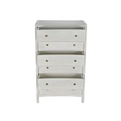 a white dresser with three drawers and gold knobs on the bottom drawer, against a white background