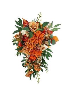 an arrangement of orange flowers and greenery on a white background