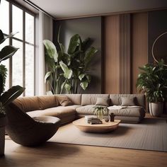 a living room filled with lots of furniture and plants