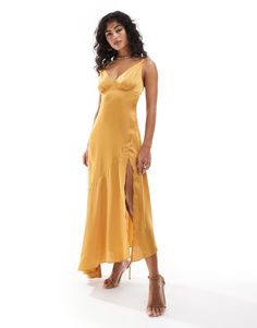 Dresses by TFNC Bride approved V-neck Adjustable straps Back zip closure Side slit Regular fit Panelled Skirt, Bridesmaid Satin, Paneled Skirt, Spring Floral Dress, Satin Maxi, Satin Maxi Dress, Long Black Dress, Satin Slip Dress, Orange Dress