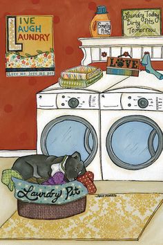 a painting of a dog laying in front of a washer and dryer with the words laundry day on it