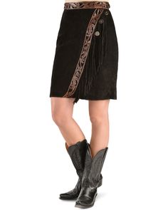 Kobler Leather Women's Tooled Leather & Fringe Sedona Suede Skirt, Black Fringe Cowgirl Outfit, Fringe Skirts, Western Skirts, Cowgirl Outfit, Skirt Images, Western Look, Suede Skirt, American West, Suede Fringe