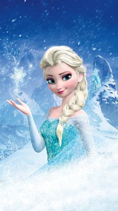 the frozen queen from disney's frozen princess is waving her hand in front of snow covered mountains