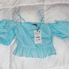 Brand New, Never Worn, Tags On Blue Puff Sleeve Top With Ruffles, Trendy Blue Tops With Ruffles, Trendy Blue Ruffled Tops, Blue Ruffled Tops For Spring, Summer Blue Ruffled Blouse, Spring Blue Ruffled Tops, Blue Puff Sleeve Blouse With Ruffles, Blue Ruffles Blouse For Summer, Blue Ruffled Blouse For Summer