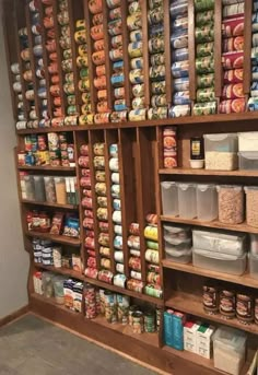 an organized pantry with lots of food items on the shelves and in bins for storage