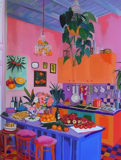 a painting of a kitchen filled with lots of colorful furniture and decor on top of a checkered floor