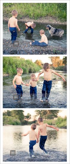 three photos of two boys playing in the water and one boy holding his arms out