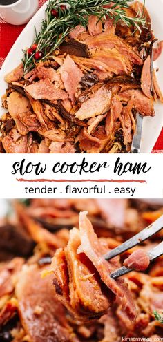 the slow cooker ham is ready to be eaten