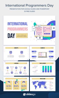 the international programming day poster is shown in blue, yellow and white colors with information about programming