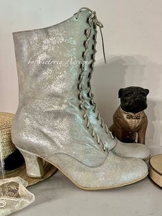 Vintage Lace-up Party Boots, Leather Sole Round Toe Wedding Shoes For Party, Silver Fitted Ankle Boots, Silver Fitted Boots For Wedding, Formal Glitter Boots With Round Toe, Vintage Closed Toe Boots For Party, Party Boots With Leather Sole And Round Toe, Fitted Metallic Boots With Round Toe, Fitted Metallic Round Toe Boots